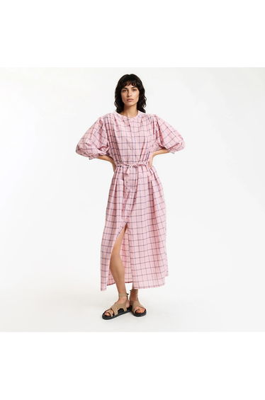 Checked 3/4 Length Sleeve Maxi Dress