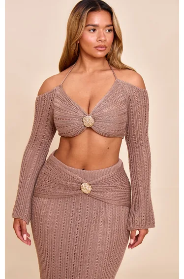 Shape Mocha Crochet Gold Hammered Trim Halterneck Crop Top