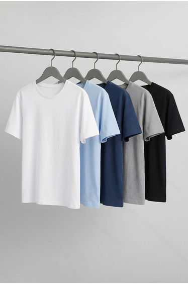 Black-Gray-Indigo -Blue-White 5-Pack Regular Fit Basic 100% Cotton T-