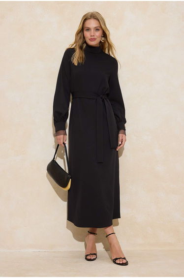Black Mock Neck Girdle Detailed Woven Dress