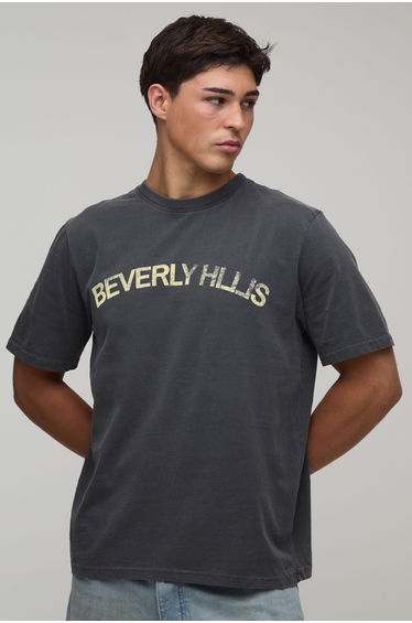 Washed Black Regular Beverly Hills Print T-Shirt - charcoal