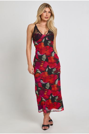 Floral Print Bodycon Dress With Lace Cup Detail - red