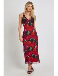 Floral Print Bodycon Dress With Lace Cup Detail - red