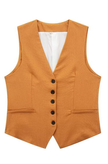 V-Neck Buttoned Down Linen-Blend Vest in Pumpkin