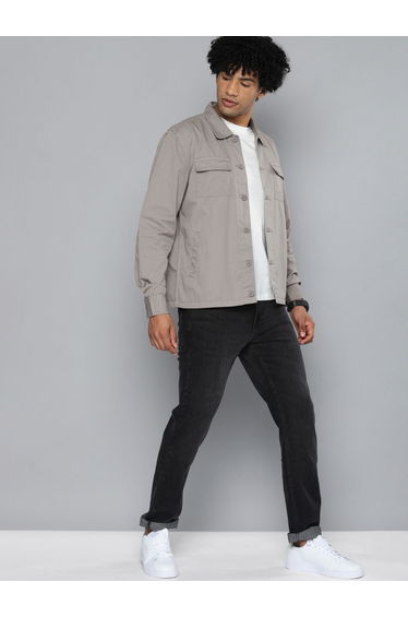 Men Grey Plain Shirt with Flap Pocket