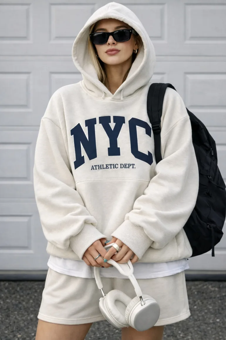 Gray Melange Slogan Oversize/Wide Fit Hooded 3 Thread Non-Embossed Knitted Sweatshirt