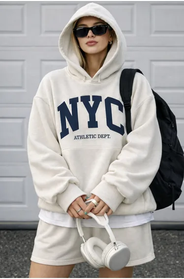 Gray Melange Slogan Oversize/Wide Fit Hooded 3 Thread Non-Embossed Knitted Sweatshirt