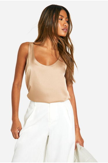 Basic Satin Scoop Neck Cami - sand