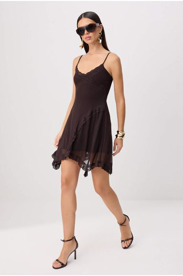 Brown Plain Weave Mesh Short / Mini Unlined Dress