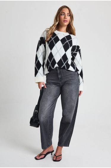 Glitter Argyle Print Oversized Jumper - mono