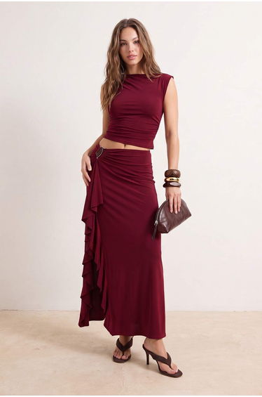 Limited Edition Burgundy Plain Maxi Knitted Sandy Skirt
