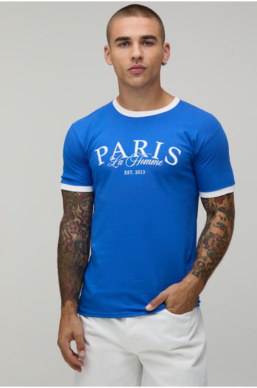 Blue Regular Paris Print Ringer T-Shirt - blue