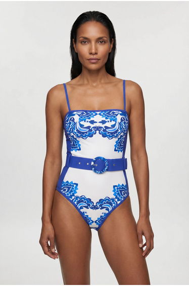 Paisley Print Belted Bandeau Swimsuit