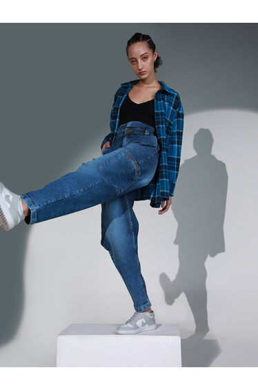High Rise Faded Regular Fit Jeans with Zip Pocket Detail