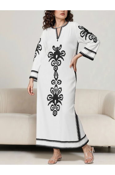 White Graphic Print Notch Neck Jalabiya