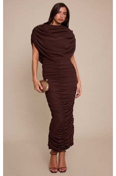 Chocolate Chiffon Overlay Detail Ruched Maxi Dress
