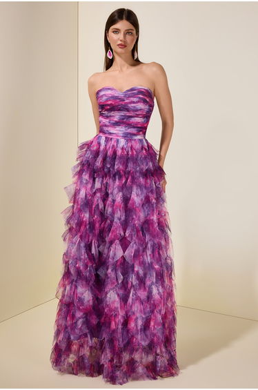 Abstract Print Ruffle Off Shoulder Maxi Dress