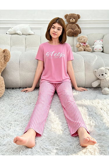 Pink Text Print T-Shirt and Striped Pyjama Set