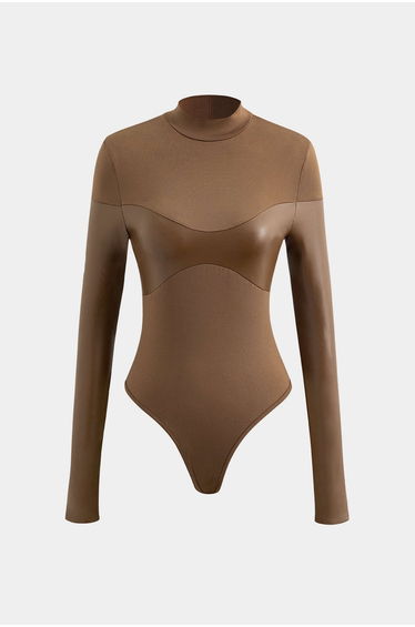Mock Neck Faux Leather Paneled Long Sleeve Bodysuit