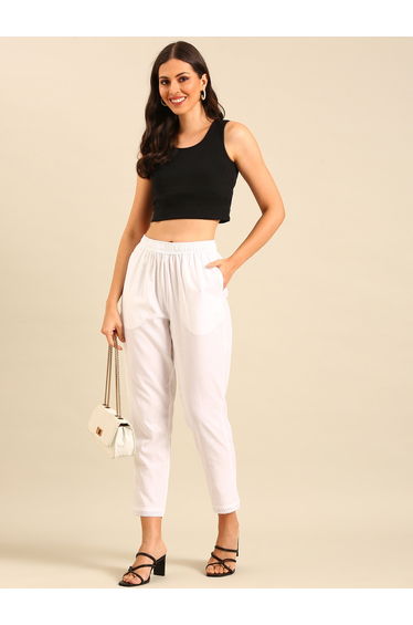 White Woven Cotton Flex Lace Hem Pants