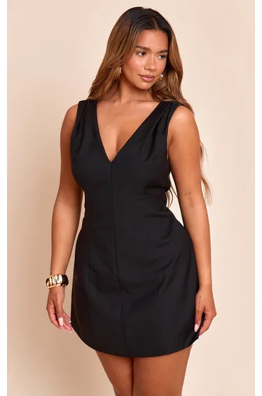 Shape Black Tailored Plunge Front A-line Mini Dress