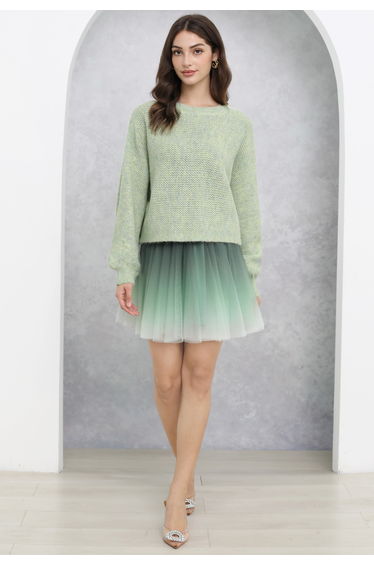Back Bow Detail Puff Sleeve Waffle Knit Sweater in Mint