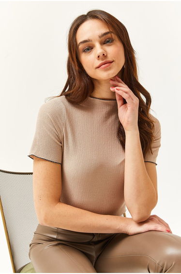 Women's Beige Baby Overlock Knitted Blouse