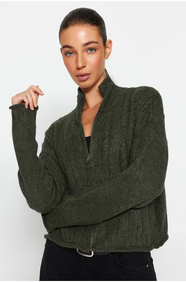 Khaki Soft-textured Sweater Cardigan with Zipper and Braids .