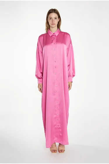Pink Satin Oversized Maxi Shirt Dress