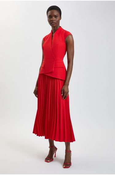 Tailored Crepe Asymmetric Pleat Maxi Dress