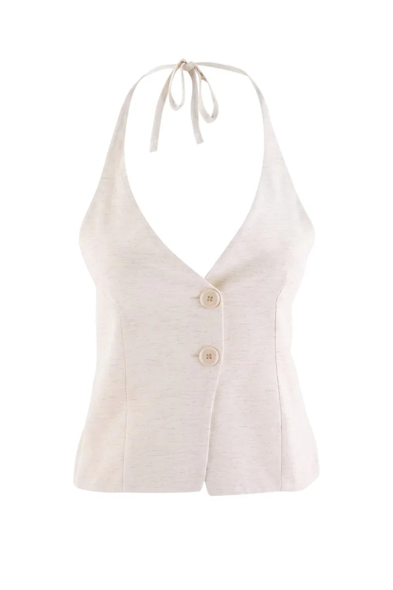 White Regular Linen Look Halter Neck Regular Vest - 4