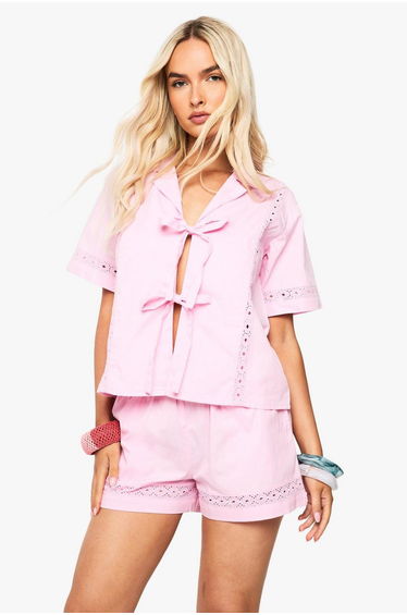 Embroidered Poplin Tie Front Shirt