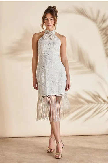 Broderie Embellished Fringe Halter Dress