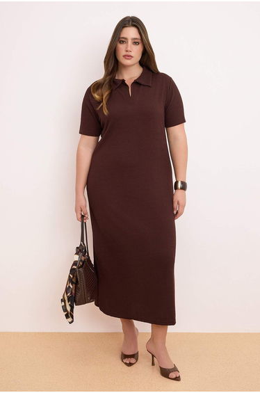 Brown Polo Collar Shift/Regular Fit Midi Stretchy Knitted Plus Size Dress