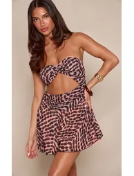 Brown Inky Print Chiffon Bandeau Cut Out Mini Dress - 1