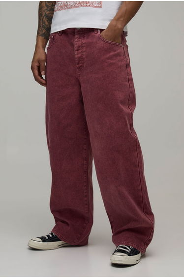 Tinted Worn Look Super Baggy Jeans - red