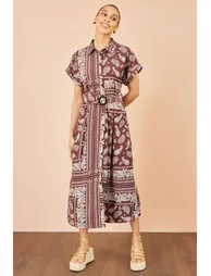 Yumi Brown Scarf Print Midi Shirt Dress