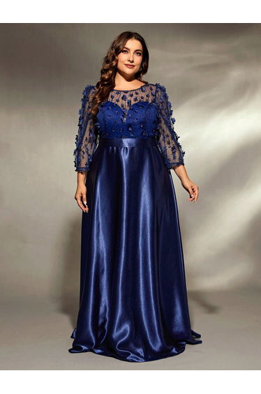 Leely Plus Women's Elegant V Neck Three Quarter Length Sleeve Party Dress
