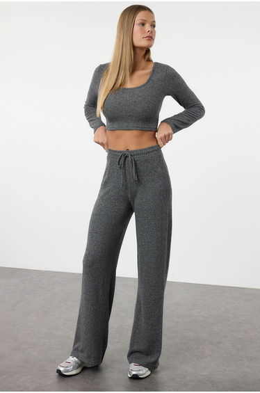 Anthracite Soft Crop and Wide Leg Knitted Top and Bottom Set