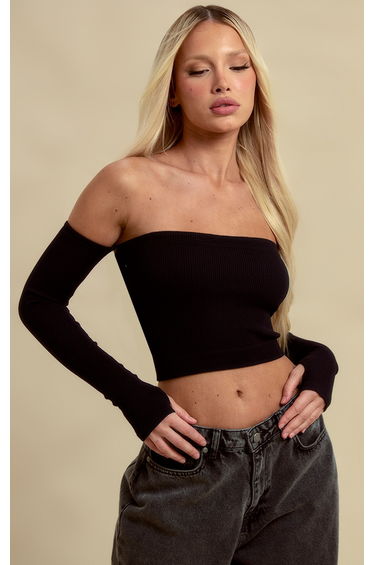 Black Structured Contour Rib Bardot Crop Top