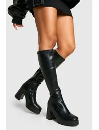 Flared Heel Knee High Boots - black