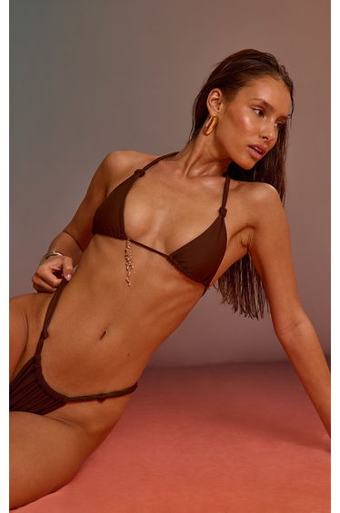 Espresso Knot Detail Ruched Tanga Bikini Bottoms