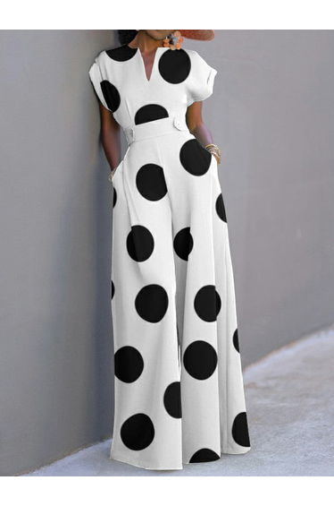 Short Sleeves Wide Leg Polka-Dot V-Neck Jumpsuits