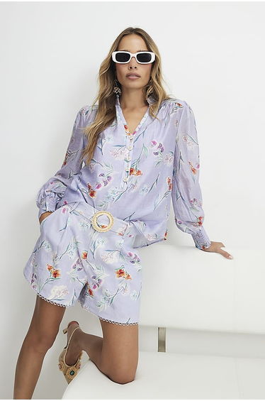 Purple Linen Blend Floral Long Sleeve Blouse