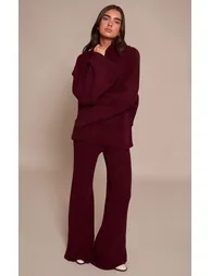 Burgundy Rib Boucle Knit Wide Leg Trousers - 5