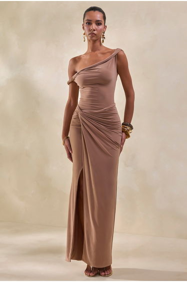 Idris | Brown Twisted Waist Maxi Skirt With Front Split