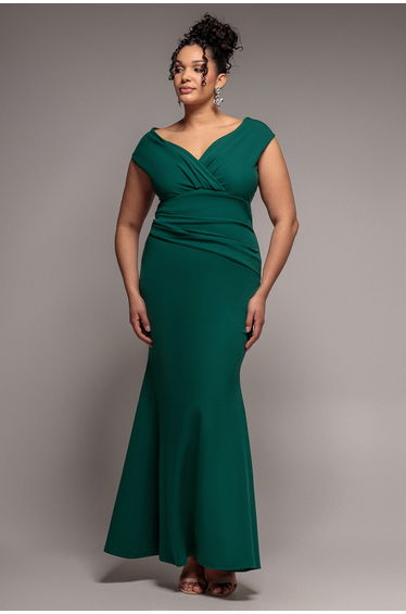 Goddiva Plus Bardot Pleated Maxi Dress - Emerald
