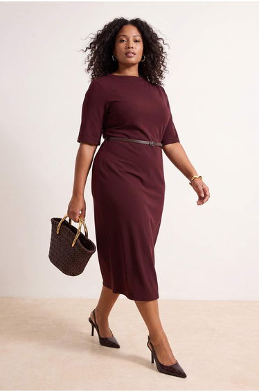 Brown Midi Belted Three Quarter Sleeve Knitted Plus Size Dress