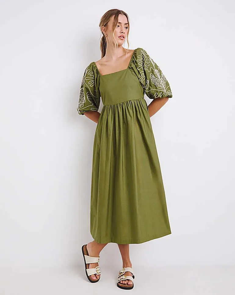 khaki embroidered dress Khaki Neckline Detailed Embroidered Evening Dress
