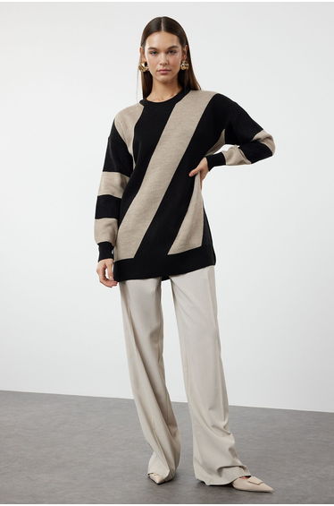 Camel Stone Color Blocked Knitwear Striped Sweater